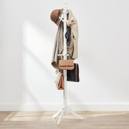 VASAGLE Solid Wood Coat Rack and Stand, Free Standing Hall Coat Tree with 10 Hooks for Hats, Bags, Purses, for Entryway, Hallway, Rubberwood, Cloud White URCR03WT