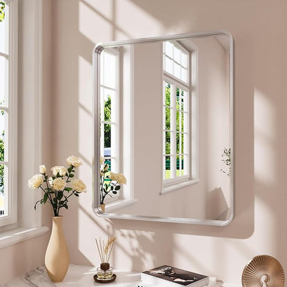 Brushed Nickel Bathroom Mirror 20x30 Inch, Brushed Silver Metal Frame Mirror Wall Mounted, Rounded Rectangle Bathroom Vanity Mirror, Tempered Glass, Anti-Rust, Horizontal/Vertical