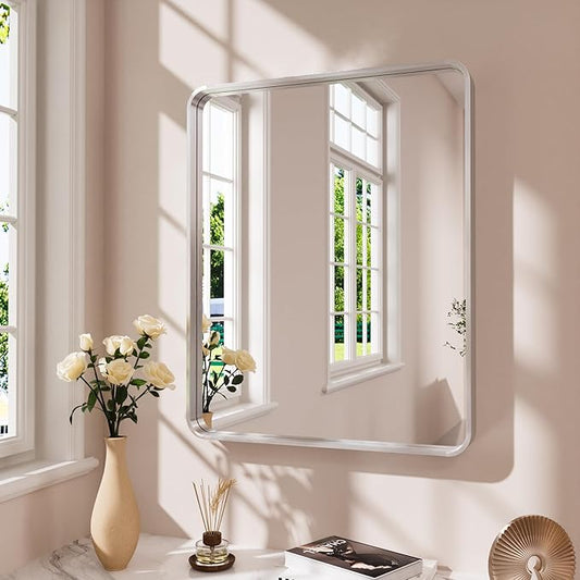 Brushed Nickel Bathroom Mirror 20x30 Inch, Brushed Silver Metal Frame Mirror Wall Mounted, Rounded Rectangle Bathroom Vanity Mirror, Tempered Glass, Anti-Rust, Horizontal/Vertical