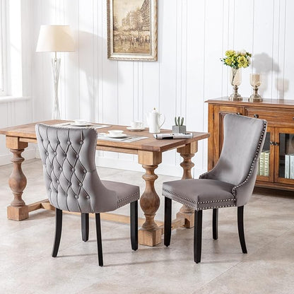 PacknWood Acosure Set of 2 Velvet Upholstered Wing-Back Dining Chair with Backstitching Nailhead Trim,Exquisite Furniture Stool W/Wood Legs,for Kitchen,Sitting Room,Gray