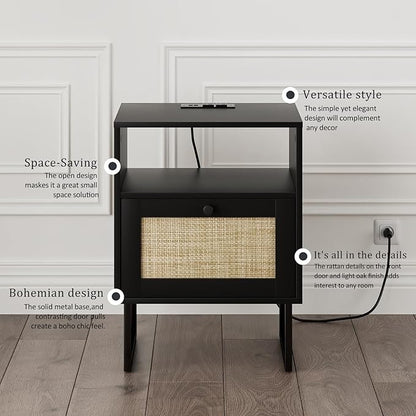 Masupu Extra Large Rattan Nightstand,Boho Night Stand Modern Farmhouse Wood Bedside Table with Storage Drawer and Open Shelf,Side End Table for Bedroom,Living Room,Black