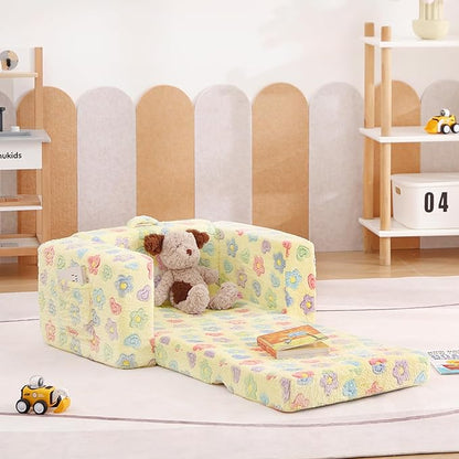 Tiita 2-in-1 Kids Sofa, Convertible Children Couch to Lounger, Flip Out Kids Chair, Toddler Armrest Chair Bed, Folding Kid Play Sofa for Girl or Boy, Flower