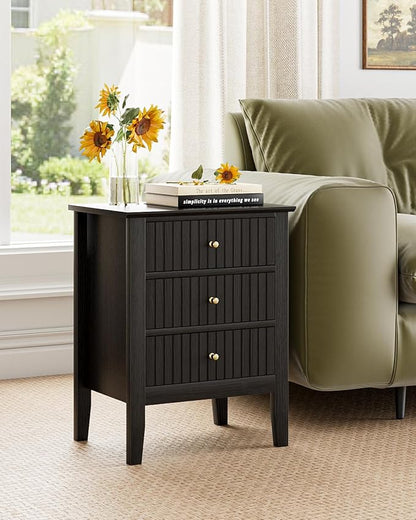 Fluted Nightstand, Farmhouse Night Stand with 3 Drawers, Mid Century Modern Side Accent Table,Bedside End Table for Bedroom, Living Room, Black