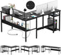 Reversible L Shaped Computer Desk with Magic Power Outlet, Sturdy Office Corner Desk, L Shape Gaming Table with Storage Shelf, Black