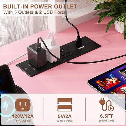 Aheaplus L Shaped Gaming Desk with Power Outlets & LED Lights, Small L- Shaped Desk Computer Corner Desk with Monitor Stand & Storage Shelf, Home Office Desk Writing Desk with Storage Bag, Pink