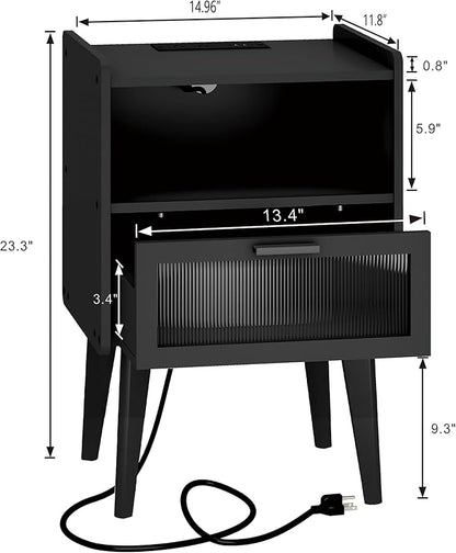 Nightstand with Charging Station, Bedside Tables, End Table Side Table with 2 Tiers Storage Space, for Bedroom, Living Room, Black CAMLBZ07BE