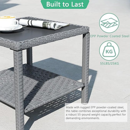 Helios&Hestia Square All Weather Rattan Wicker Outdoor Coffee Side End Table with Glass Top for Patio, Deck, Backyard, Garden, Grey