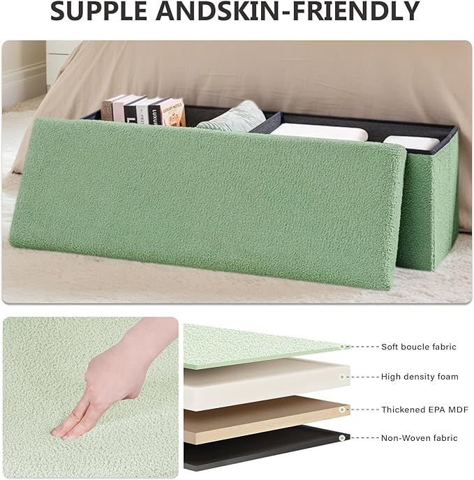 43 Inches Storage Ottoman Bench - Extra Large Foldable Ottoman with Storage, Bench for Living Room, Bedroom, Entryway - Green