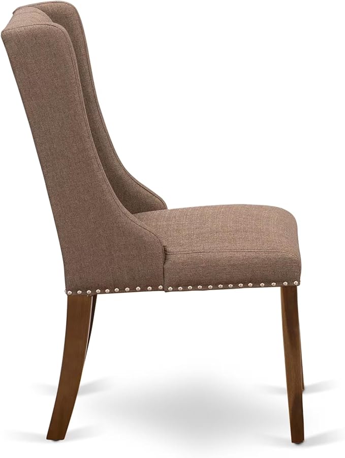 LEFO9-AWA-18-9-Piece Kitchen Table Set Includes a Breakfast Table and 8 Brown Linen Fabric Parson Chairs with Button Tufted Chair Back - Antique Walnut Finish.