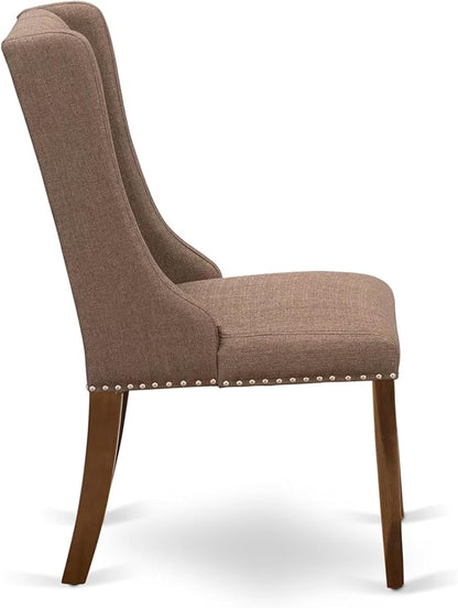LEFO9-AWA-18-9-Piece Kitchen Table Set Includes a Breakfast Table and 8 Brown Linen Fabric Parson Chairs with Button Tufted Chair Back - Antique Walnut Finish.