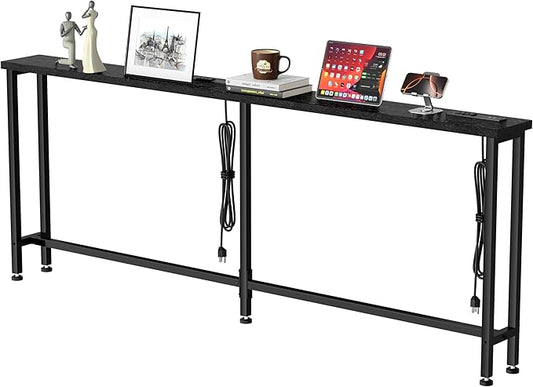 GRLEAF 90" Sofa Table with Built-in Power Strip (4 AC Outlets & 4 USB Ports) – 4.9ft Power Cord, Metal Frame, Easy Assembly, Long Couch Table Behind Sofa, Living Room and Home Office | Black