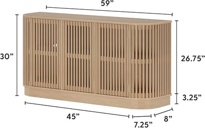 Plank+Beam Contour Wood TV Stand, Three Door Solid Wood Entertainment Console with Storage, 59" L x 16" W x 30" H, Blonde