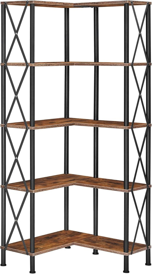 HOOBRO Corner Bookshelf, 5-Tier L-Shaped Bookcase, Industrial Open Display Shelf Tall Storage Organizer, Vertical Storage Rack, for Living Room, Home Office, Rustic Brown and Black BF60SJ01