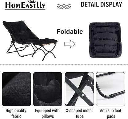 Comfy Saucer Chair with Ottoman, Oversized Folding Faux Fur Chair Soft Furry Lounge Lazy Chair with Metal Frame Moon Chair Accent Chair for Bedroom, Living Room, Dorm Rooms, Black