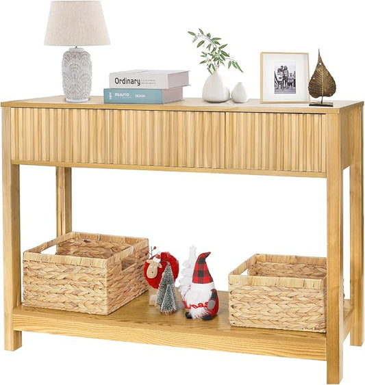 Long Console Table with Storage, Fluted Entryway Slim Sofa Tables Behind Couch Entryway Table, Modern Narrow Wood Hallway Foyer Entrance Couch Tables for Living Room