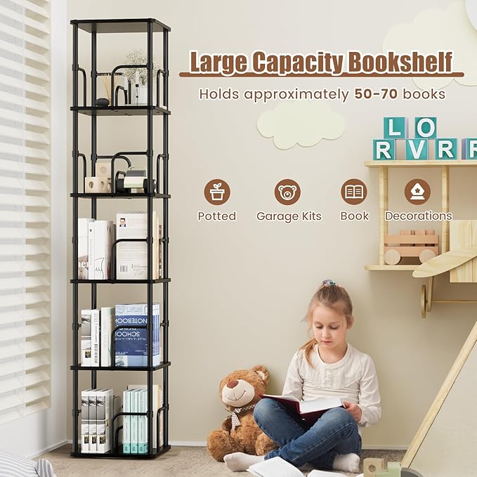 5 Tier Square Rotating Bookshelf, 360 ° Display Stackable Spinning Bookshelf Tower, Space Saving Tall Floor Standing Swivel Bookcase Corner Storage Organizer for Living Room, Black, Small Size