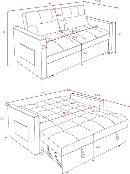 3 in1 Sofa Bed, Pull-Out Sleeper Sofa Bed with 3-Level Adjustable Backrest, Velvet Fabric Convertible Love Seat Sleepers Beds for Living Room & Bedroom & Apartment, Pink