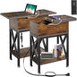 TooCust End Tables Living Room Set of 2, Side Table with Charging Station Flip Top, 11"D x 24"W x 23"H, Narrow Side Table with 5.3" Deep Drawer, Couch End Tables Set of 2, Steel X-Frame, Rustic Brown