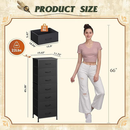 WLIVE Black Tall Dresser for Bedroom, 7 Drawer Dressers & Chests of Drawers, Fabric Dresser for Closet, Living Room, Night Stand with Metal Frame, Storage Tower with Fabric Bins, Wood Top