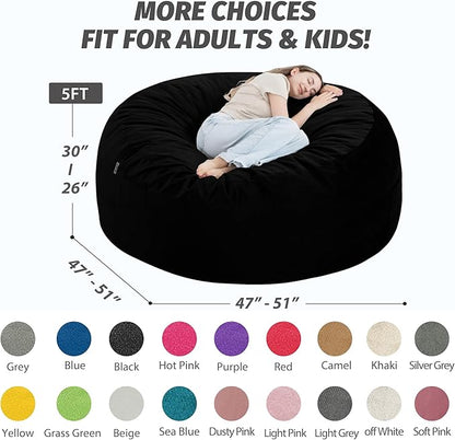 5FT Bean Bag Chair with Ultra Soft Velvet Cover Bean Bag Sofa with Memory Foam Bean Bag Chairs with Large Size Lazy Sofa for Dorm Office Living Room Bedroom Black 5'