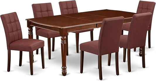 East West Furniture DOAS7-MAH-26 7 Piece Dining Table Set Contain A Dining Room Table and 6 Burgundy Polyester Fabric Upholstered Chairs, Mahogany