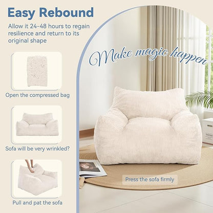 INMOZATA Bean Bag Chair for Adults, 3FT Beanbag Chair with Ottoman Pre-Filled Fluffy Lazy Chair Corded Fabric Accent Chair for Bedroom Living Room Dorm (Ivory)