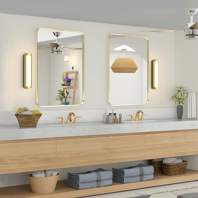 Wall Mount Mirror for Bathroom, Brushed Gold Metal Framed Rounded Corner Rectangular Vanity Mirror, Tempered Glass, Anti-Rust, Hangs Horizontally or Vertically (30" x 40", Gold)