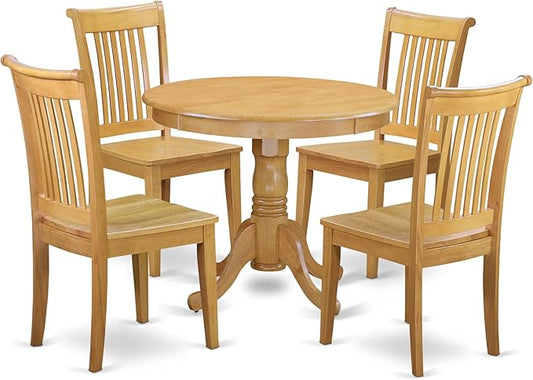 East West Furniture ANPO5-OAK-W 5 Piece Kitchen Table Set for 4 Includes a Round Dining Room Table with Pedestal and 4 Dining Chairs, 36x36 Inch, Oak