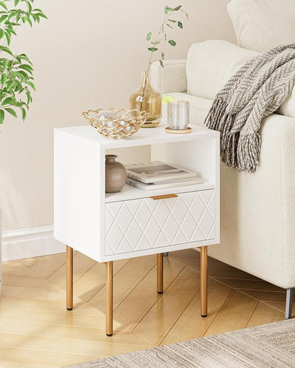 Nightstand,Morden Bedside Table with Gold Frame,Small White Night Stand,End Table,Bedside Furniture,Side Table with Drawer and Shelf for Bedroom,Living Room (1Drawer, White-Square)