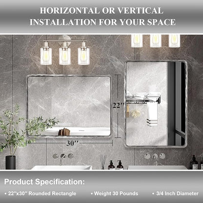 ANDY STAR Hand-Forged Silver Bathroom Mirrors for Wall, 22x30 Inch Vintage Solid Steel Metal Frame Bathroom Vanity Mirror, Antique Rounded Rectangle Wall Mirror, Hangs Horizontally or Vertically