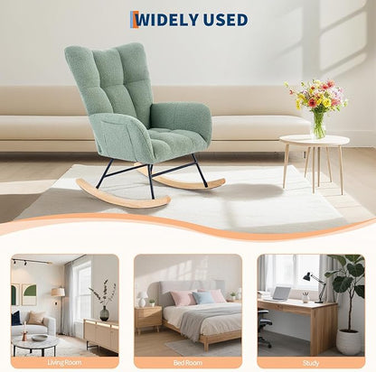 Nursery Rocking Chair,300Lb Glider Chair with Wood Legs/Two Side Pockets,Teddy Upholstered Glider Rocker with Padded Seat High Backrest for Living Room/Bedroom/Nursery