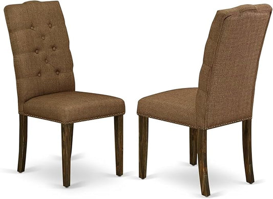 East West Furniture ELP7T18 Elsa Parson Chairs - Button Tufted Nailhead Trim Brown Linen Linen Fabric Padded Dining Chairs, Set of 2, Jacobean