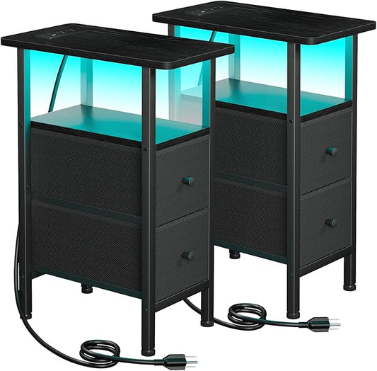 Narrow End Tables Living Room Set of 2 with Charging Station, Skinny Side Table with Fabric Drawers, Slim LED Nightstand for Bedroom, Small Spaces, Couch, Black, HETNDP02LBK