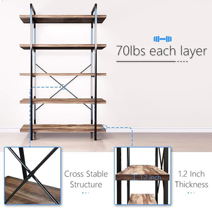 45MinST 5-Tier Vintage Industrial Style Bookcase/Metal and Wood Bookshelf Furniture for Collection,Vintage Brown, 3/4/5 Tier (5-Tier)