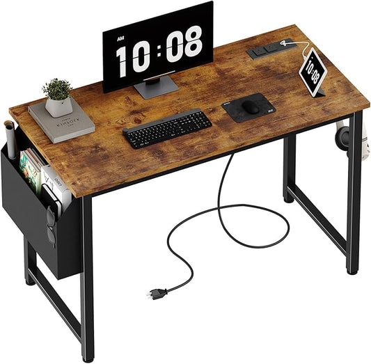 Lufeiya 40 inch Computer Desk with Power Outlet, 39 inch Teen Study Table Home Office Work Writing Desk with Charging Station Outlets Built in, Rustic Brown