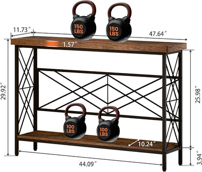 Industrial Console Table for Entryway, Rustic Console Table Behind Couch, 2 Tier Sofa Tables for Home Living Room, Hallway, Entrance, with Metal Frame(48 inches)