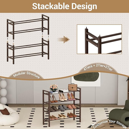 Haddockway Bamboo Shoe Rack for Closet, Free Standing Shoe Organizer with Smooth Round Rods & Convenient Handles, Stackable Shoe Storage Shelf for Entryway, Hallway(Brown, 4-Tier)
