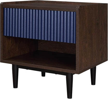 Manhattan Comfort Duane Modern Ribbed Nightstand, Bedside Table with Full Extension Drawer and Open Shelf, Industrial Chic Living Room and Bedroom Furniture, Navy Blue