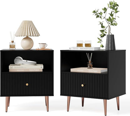 Black Night Stand Set 2,Modern Bedside Table with Door and Open Storage,Fluted Nightstand and Wood End Side Table with Rose Gold Metal Legs and Handles for Bedroom,Living Room,Black