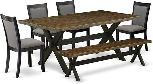 East West Furniture X677MZ650-6 6 Piece Kitchen Table Set Contains a Rectangle Dining Table and 4 Dark Gotham Grey Linen Fabric Parson Chairs with a Bench, 40x72 Inch, Multi-Color