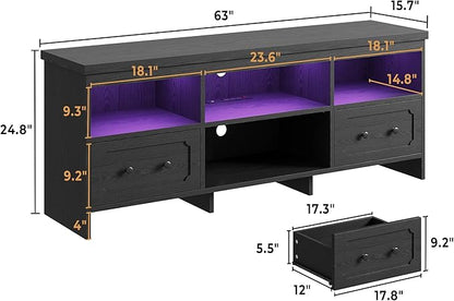 IRONCK TV Stand for 65 Inch TV, 63" LED Entertainment Center with Storage Cabinets, Power Outlets and Open Shelf, Media Console TV Cabinet with Drawers for Living Room, Black