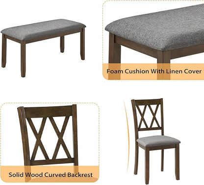 6-Piece Solid Wood Dining Table Set, Dining Table & Chair Set for 6, Including 1 Dining Table, 4 Upholstered Chairs and 1 Bench, Dining Table Set for Dining Room & Kitchen, Walnut