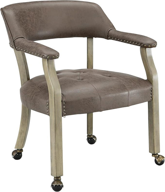 LEEMTORIG Large Dining Chairs with Casters and Arms, Rolling Dining Chairs with Wheels, Solid Wood Boss Caption's Chairs Office Chairs, 26"D x 25.2"W x 31.5"H, Soft Grey Legs & Dark Brown SY-1318-DK
