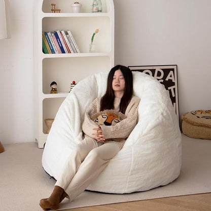 N&V Large Shell Bean Bag Chair, Adult Size Bean Bag Sack, Foam Filling, Includes Removable and Machine Washable Cover, 40in, Soft Faux Fur, White