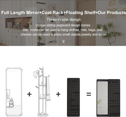 KungFuWood Full Length Mirror with Shelf and Hooks,Entry Way Mirrors for Wall,Wall Mirror with Shelf,Wall Mirror with Storage Multifunctional Design Panel,Living Room