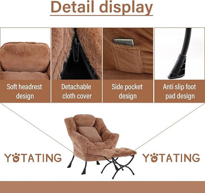 Lazy Chair with Ottoman, Comfy Reading Lounge Chair with Footstool & Throw Pillow Modern with Armrests & Side Pocket for Living Room, Bedroom, Dorm Room, Plush Brown