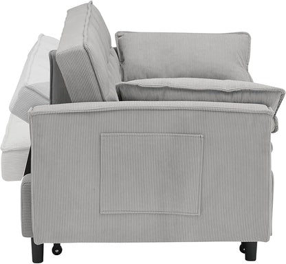 Ball & Cast Convertible Sofa Bed,Pull Out Loveseat Sleeper Sofa,Convertible Pull Out Couch W/2 Pillows,Adjustable Backrest & Side Pocket,Corduroy Futon Couches for Living Room,Apartment,Light Gray,54"