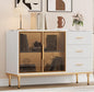 Buffet Sideboard Cabinet with Storage, 46.4" Large Fluted Kitchen Sideboard Cabinet with 2 Glass Doors 3 Drawers and Shelves, Faux Marble Top Buffet Table for Dining Room, Living Room, White