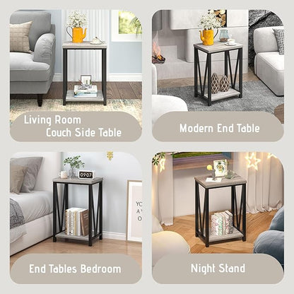 FOLUBAN End Table, Rustic Wood and Metal Side Table with Storage, Modern NightStand for Living Room Bedroom, Small Spaces, Light Grey