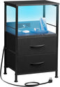 WLIVE LED Night Stand with Charging Station, Black Nightstand with 2 Fabric Drawers and Storage Shelf, Dorm Bedside Table End Table with 2 USB Ports and Outlets, Small Dresser for Bedroom, Living Room